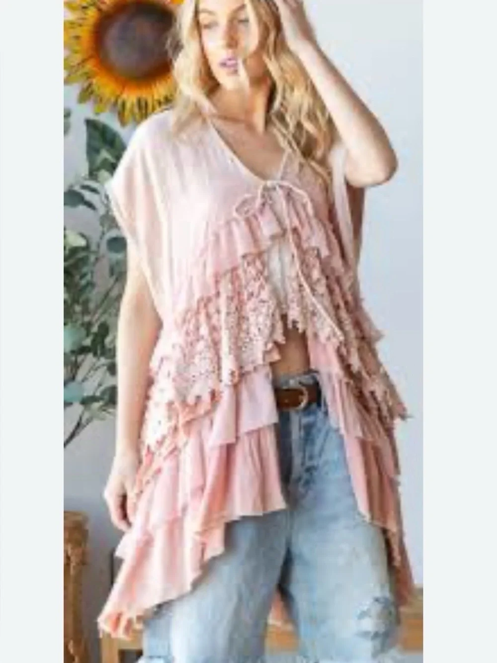 POL Dusty Blush Ruffle Tiered V-Neck Tunic - Picture 1 of 7